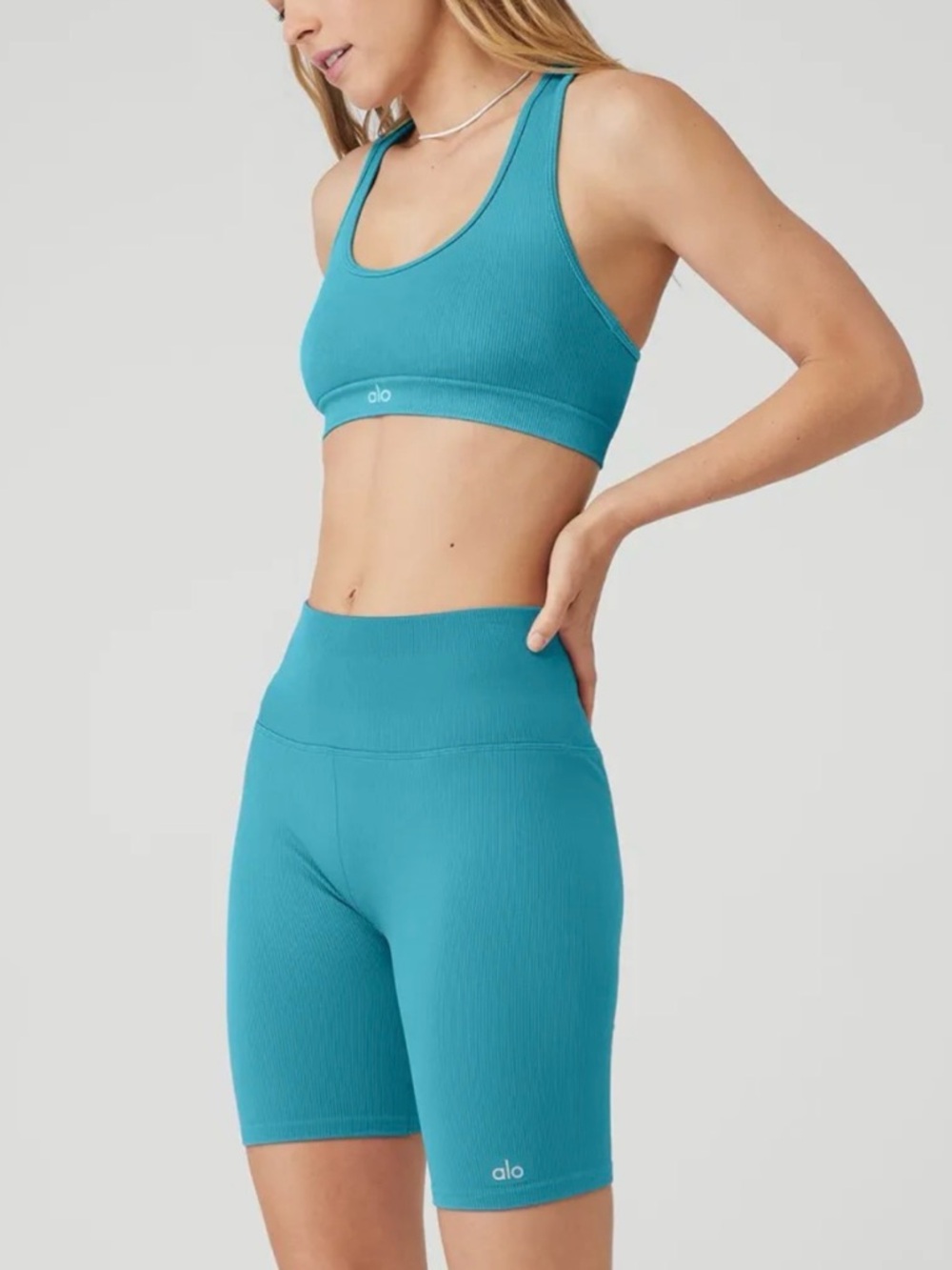 ALO Seamless Ribbed Bra, Blue Splash, Small